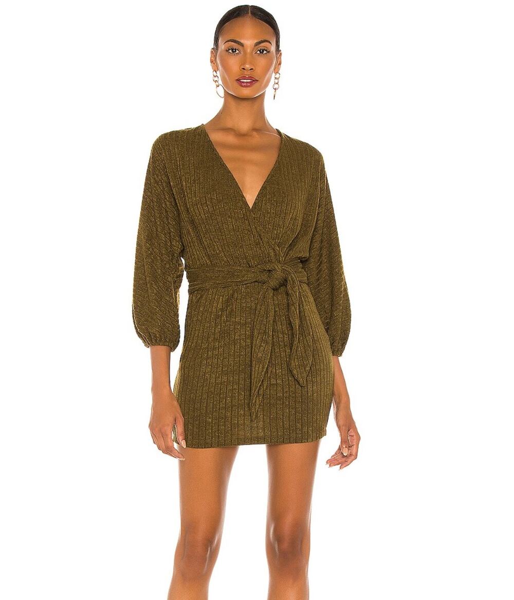 SAYLOR Kimber Knit Deep V-neck Crossover Mini Dress in Olive Green L